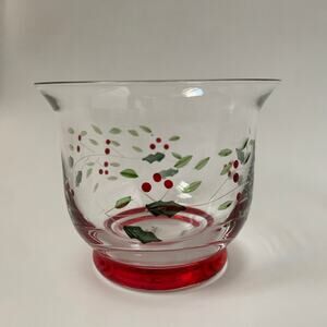 Pfaltzgraff Clear Glass Winterberry Votive Candle Holder Hand Painted Holly